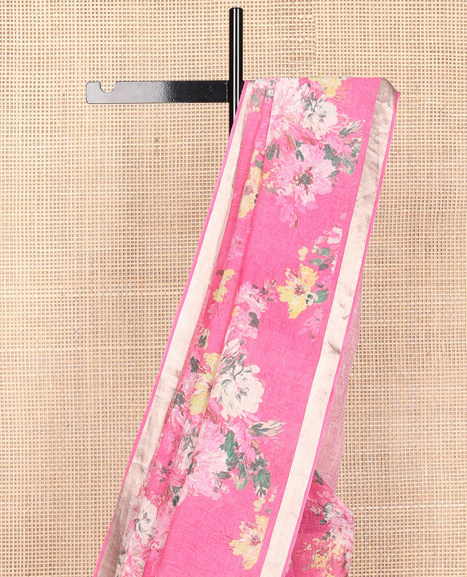 Pink floral motifs printed linen saree, zari border & pallu of stripes