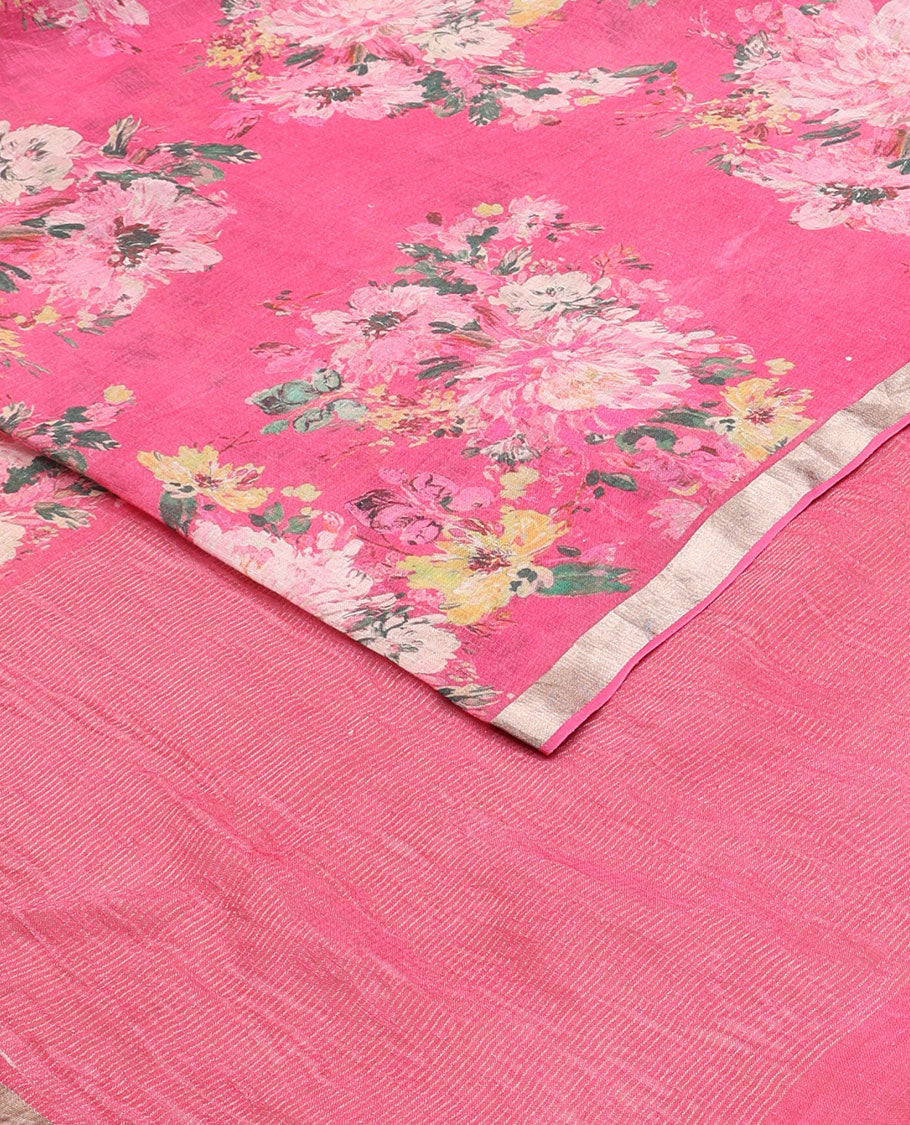 Pink floral motifs printed linen saree, zari border & pallu of stripes