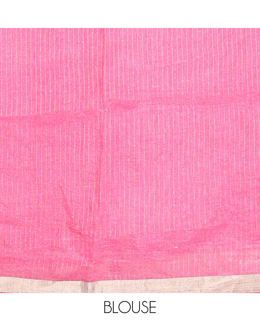 Pink floral motifs printed linen saree, zari border & pallu of stripes
