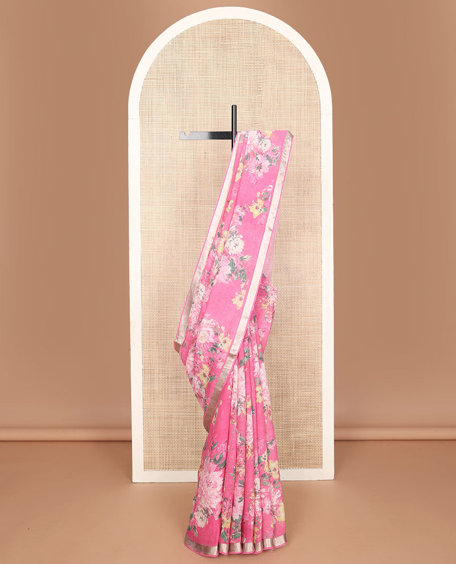 Pink floral motifs printed linen saree, zari border & pallu of stripes