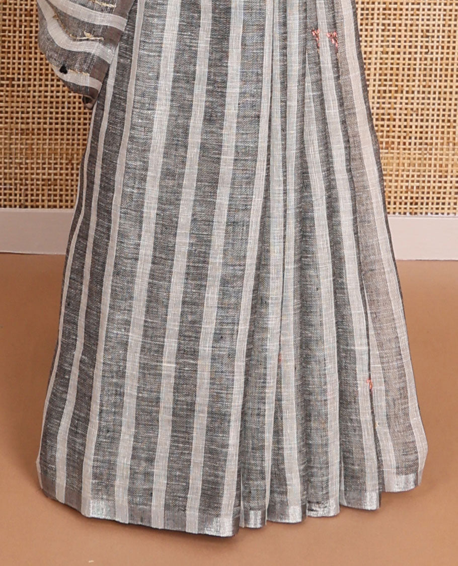 Borderless white with black striped linen saree with striped pallu