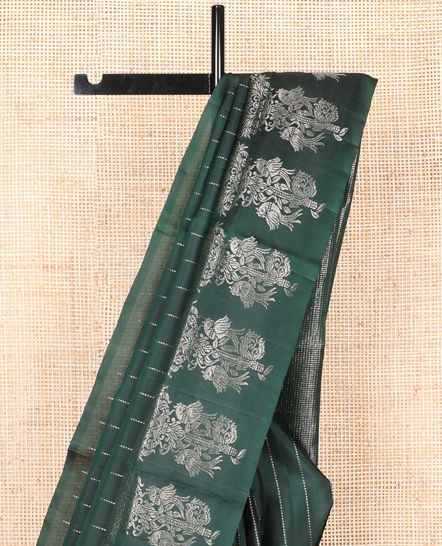 Bottle green striped mayuri soft silk saree with self floral design border & striped pallu