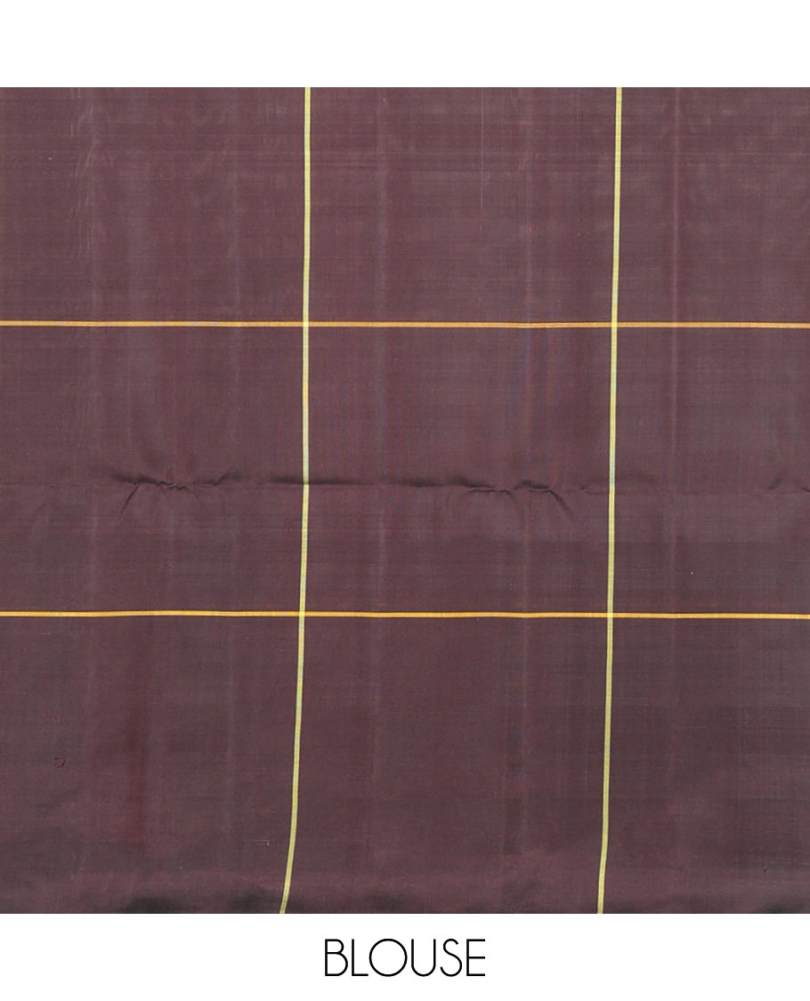 Borderless chocolate brown soft silk saree with cloud-snow flakes theme buttas, zari-rich intricate pallu