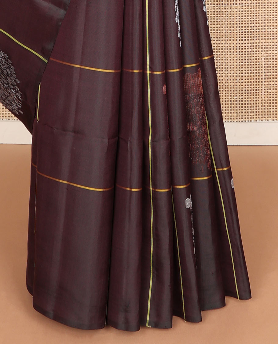 Borderless chocolate brown soft silk saree with cloud-snow flakes theme buttas, zari-rich intricate pallu