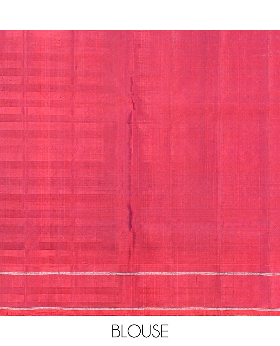 Red malli mokku buttas soft silk saree, rettai pettu border, and pallu of manga, neli, Greek key designs