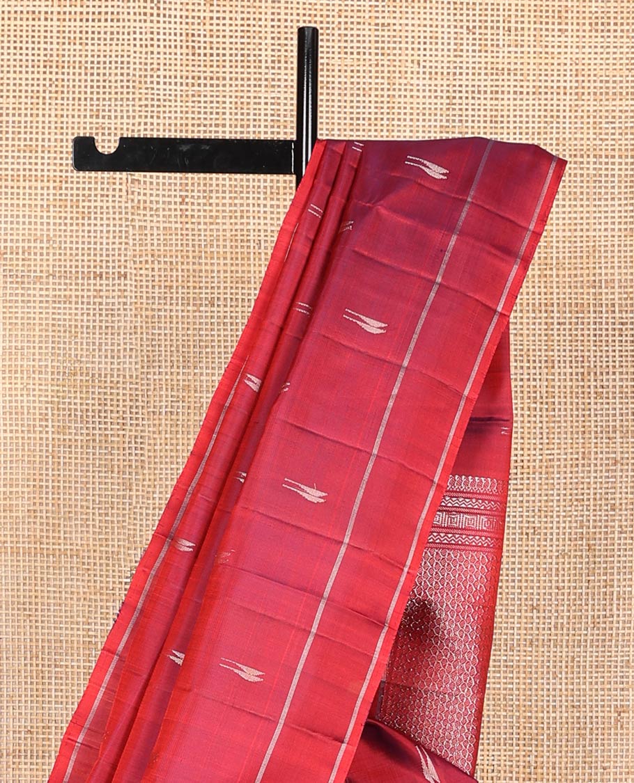 Red malli mokku buttas soft silk saree, rettai pettu border, and pallu of manga, neli, Greek key designs