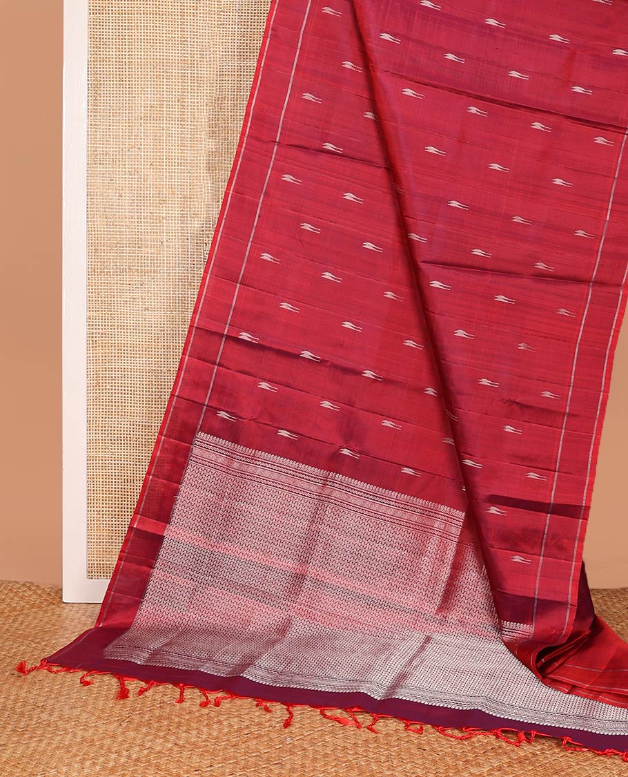 Red malli mokku buttas soft silk saree, rettai pettu border, and pallu of manga, neli, Greek key designs