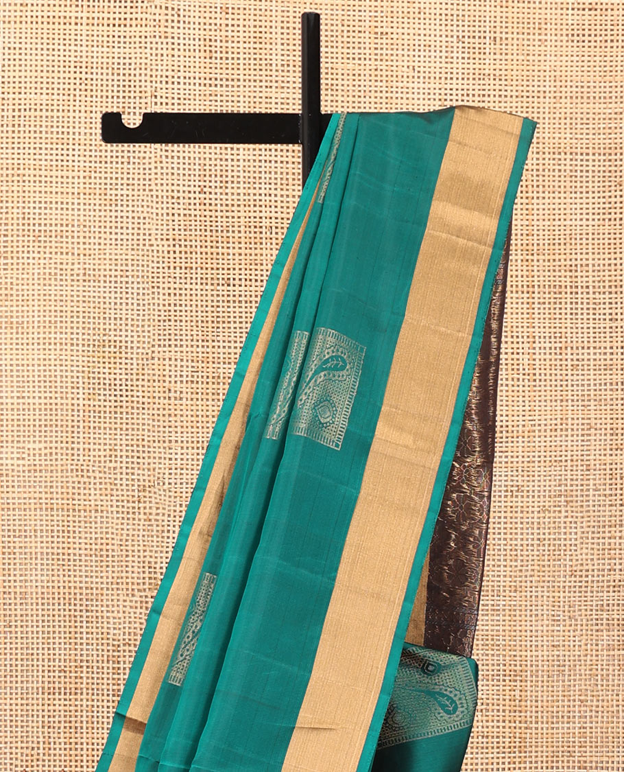 Green Mayuri Soft Silk Saree, Embellished with Buttas All Over the Body, Highlighted by a Zari Bavanji Border, Contrast Intricately Designed Pallu, and Paired with a Contrast Blouse