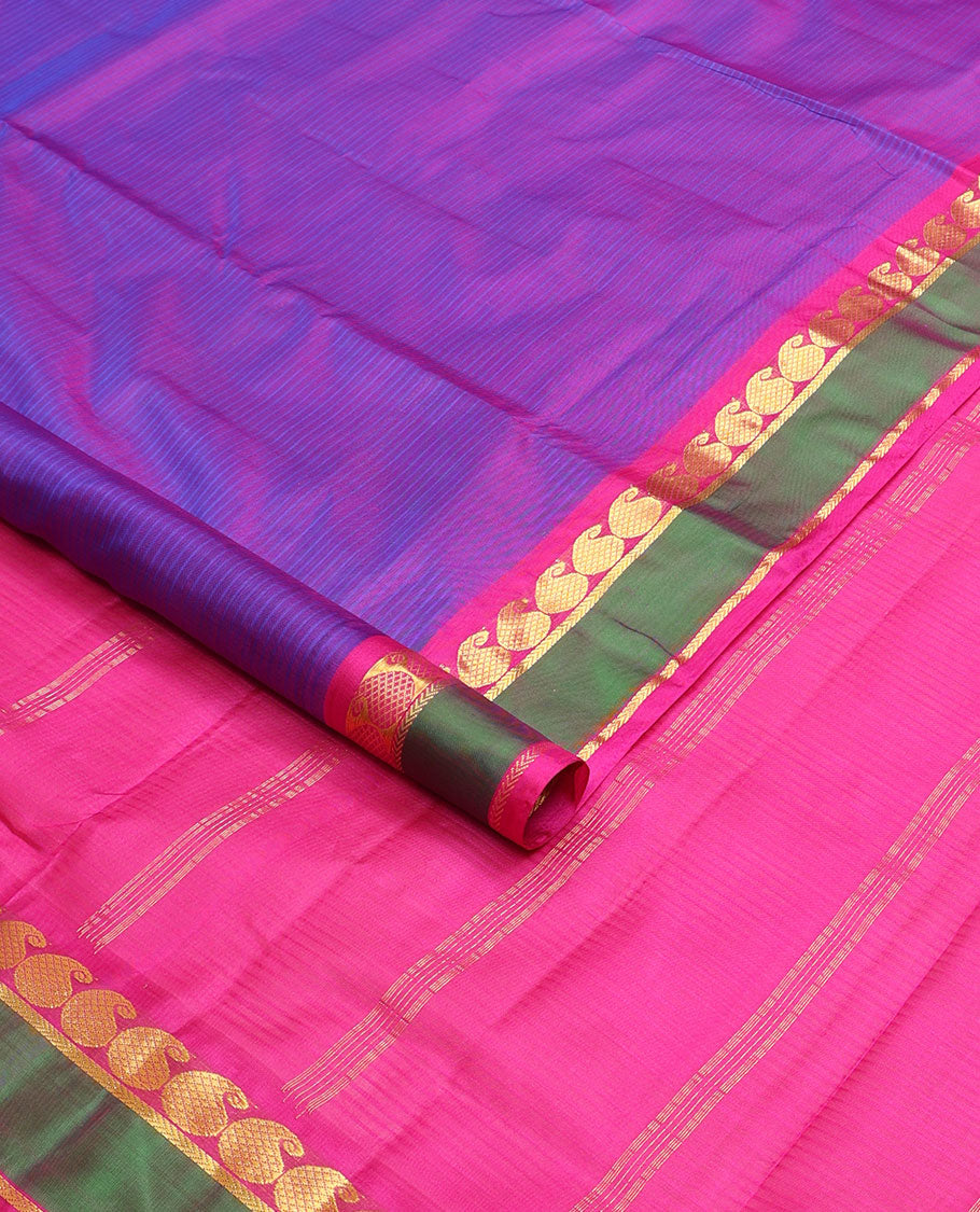 Violet vazhaipoo striped ten-yard silk saree, contrast rettai pettu border of kathir & kuyil kann manga design & zari striped pallu