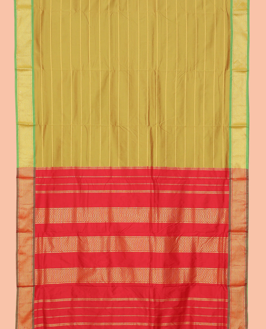 Green Neli Striped Ten-Yard Saree, Complemented by a Contrast Ara Maadam Border, Contrast Pallu of Stripes, and No Blouse