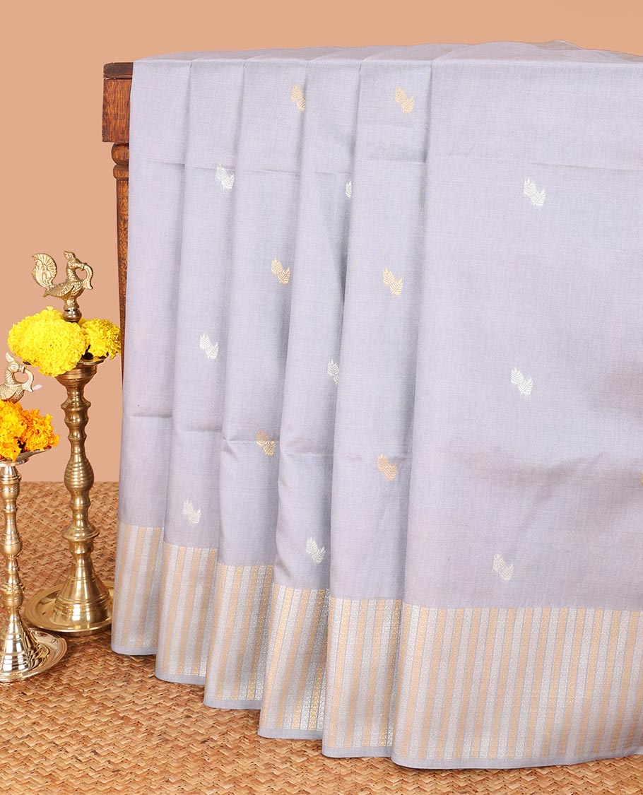 Grey leaf design art tussar saree with diamond design border & rich pallu along with butta design blouse