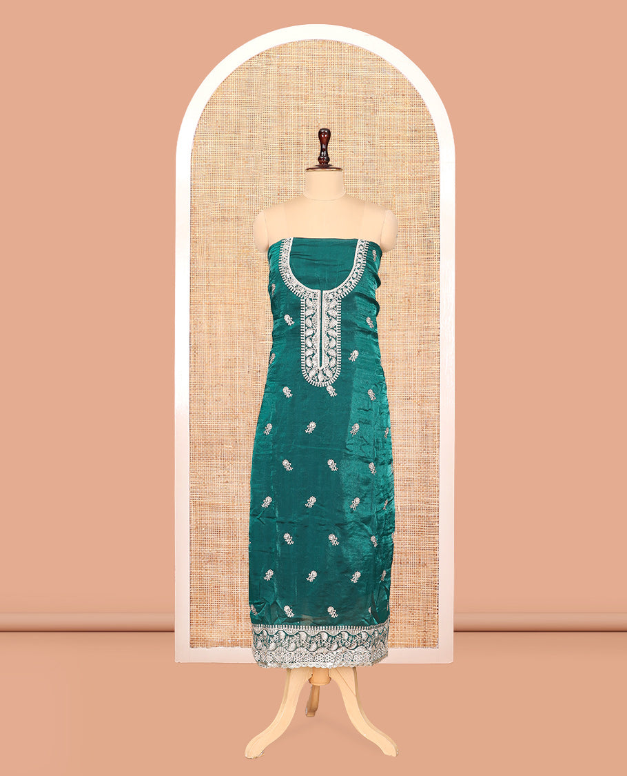 Peacock Green Fendi Organza Material Churidar Features Embroidered Top, a Santoon Bottom, a Scallop Embroidered Dupatta