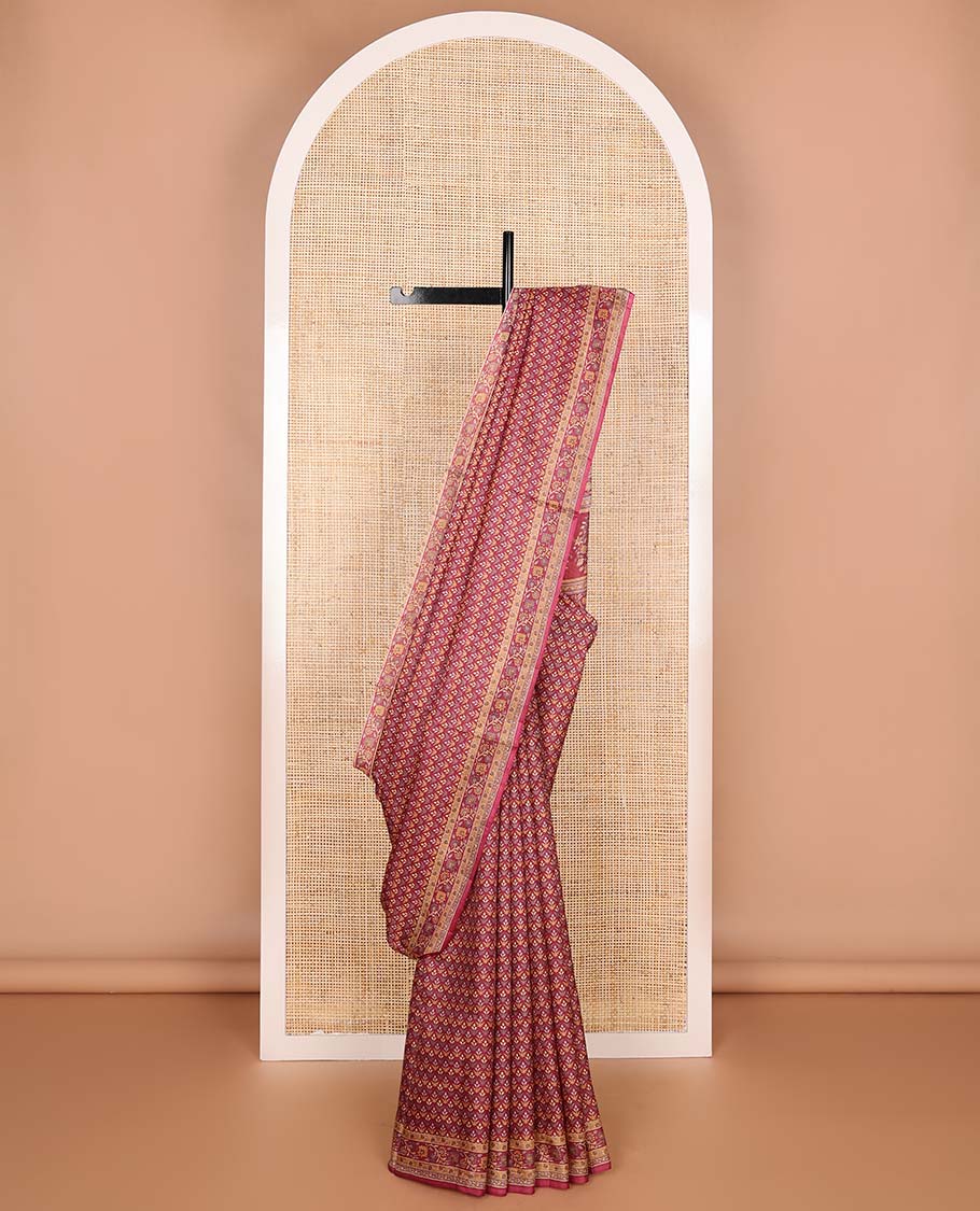 Maroon leaf design printed silk saree with contrast intricate design border & floral design pallu