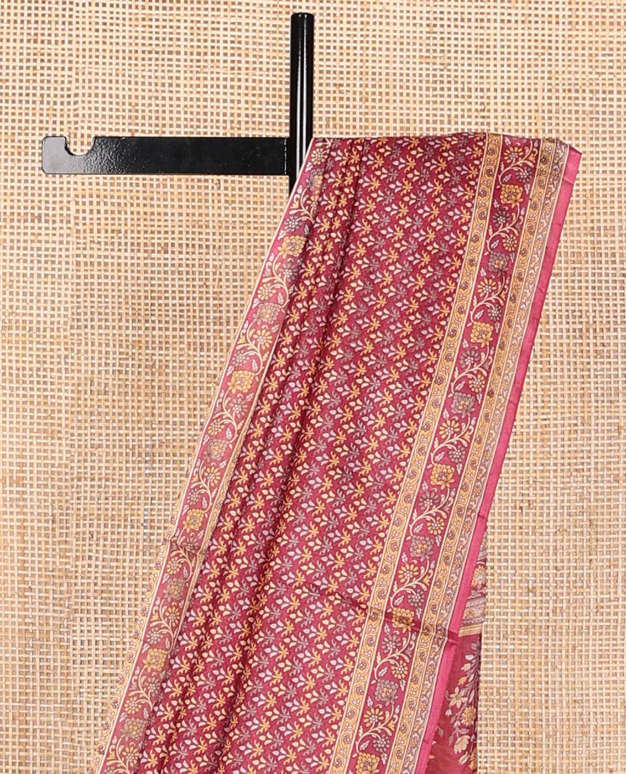 Maroon leaf design printed silk saree with contrast intricate design border & floral design pallu