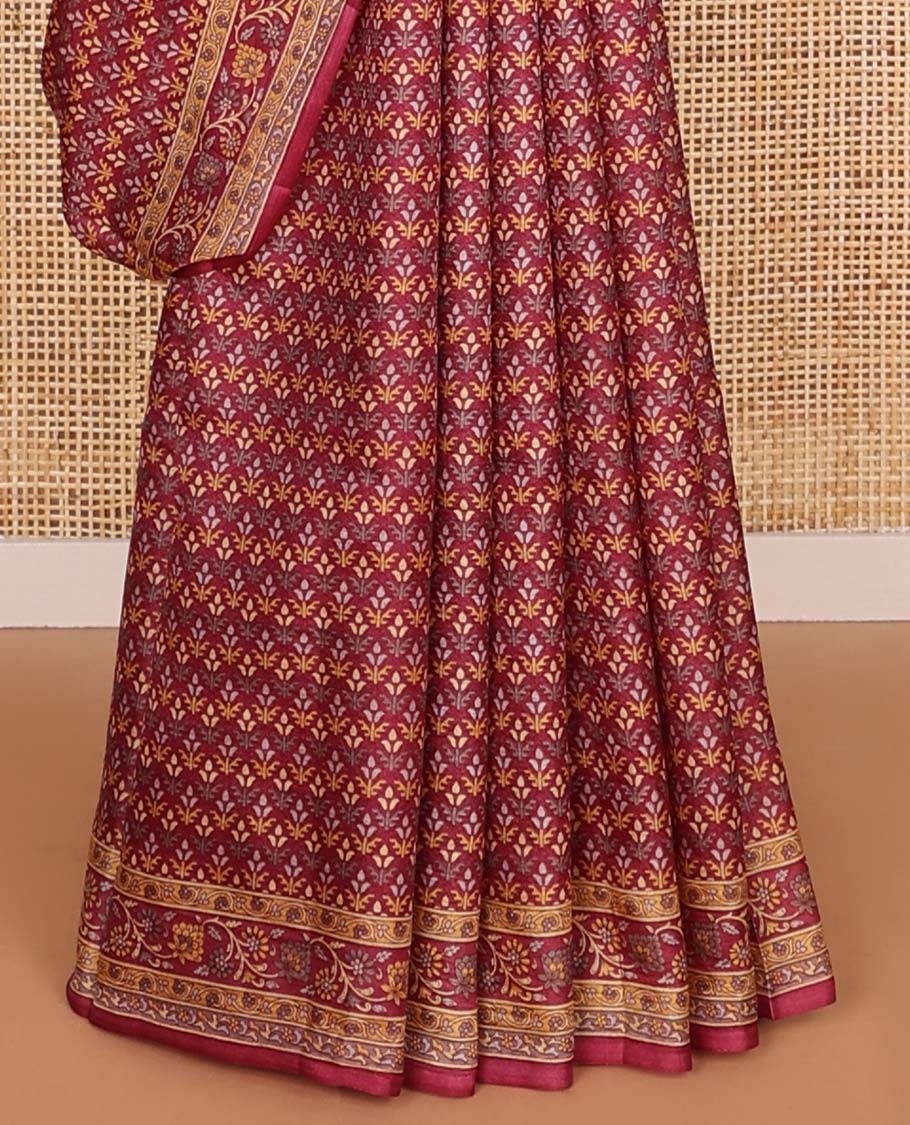 Maroon leaf design printed silk saree with contrast intricate design border & floral design pallu