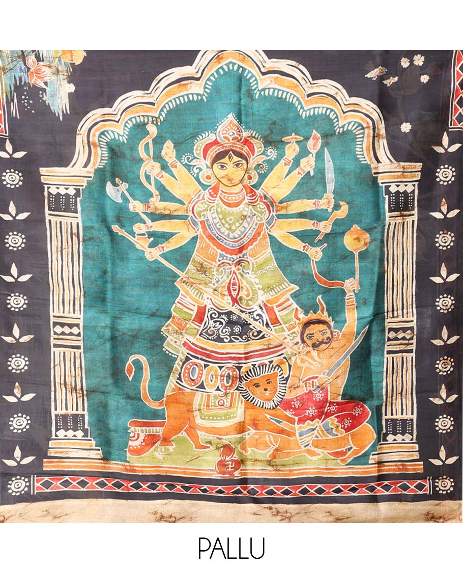 Black Printed Silk Saree Adorned with Colorful Floral Motifs Printed All Across Its Body, Highlighted with a Contrast Geometric Printed Border, Pallu Depicting the Darwing of Goddess Durga Killing Mahishasura, and Attached with a Printed Blouse