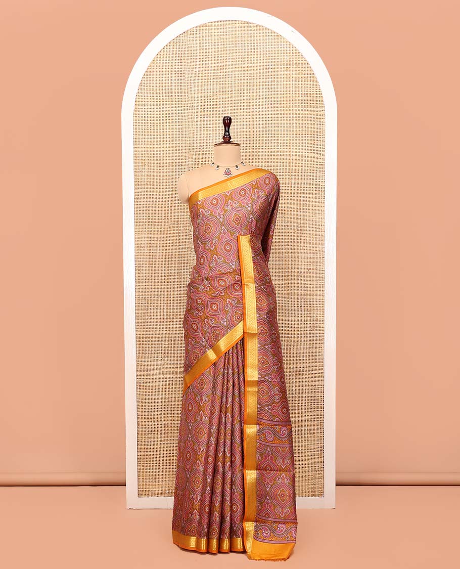 Orange Printed Silk Saree, Ornamented with Intricate Designs, Highlighted by a Traditional Zari Border, Printed Pallu, and a Matching Blouse