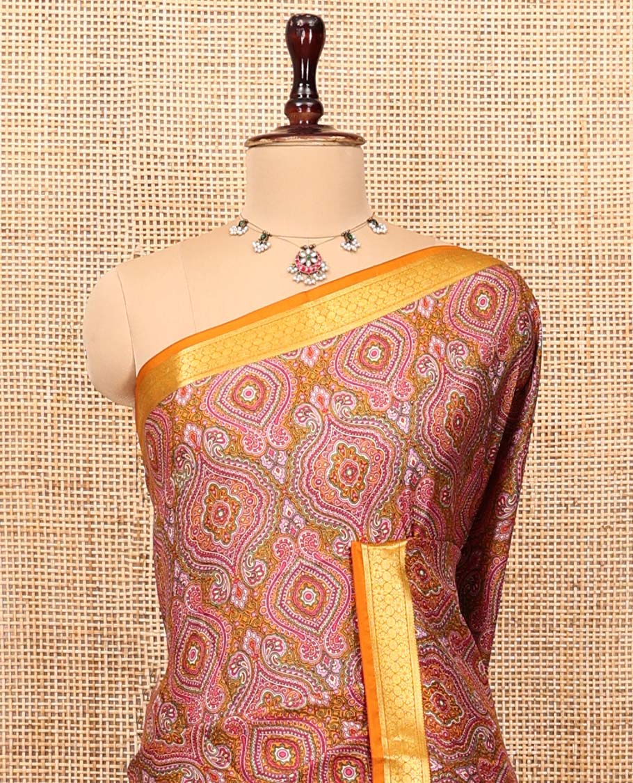 Orange Printed Silk Saree, Ornamented with Intricate Designs, Highlighted by a Traditional Zari Border, Printed Pallu, and a Matching Blouse