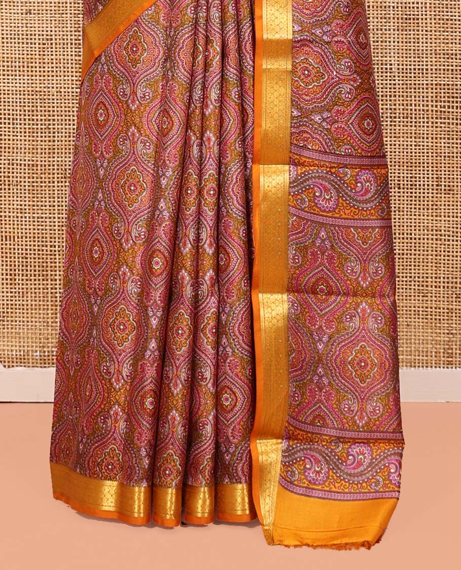 Orange Printed Silk Saree, Ornamented with Intricate Designs, Highlighted by a Traditional Zari Border, Printed Pallu, and a Matching Blouse