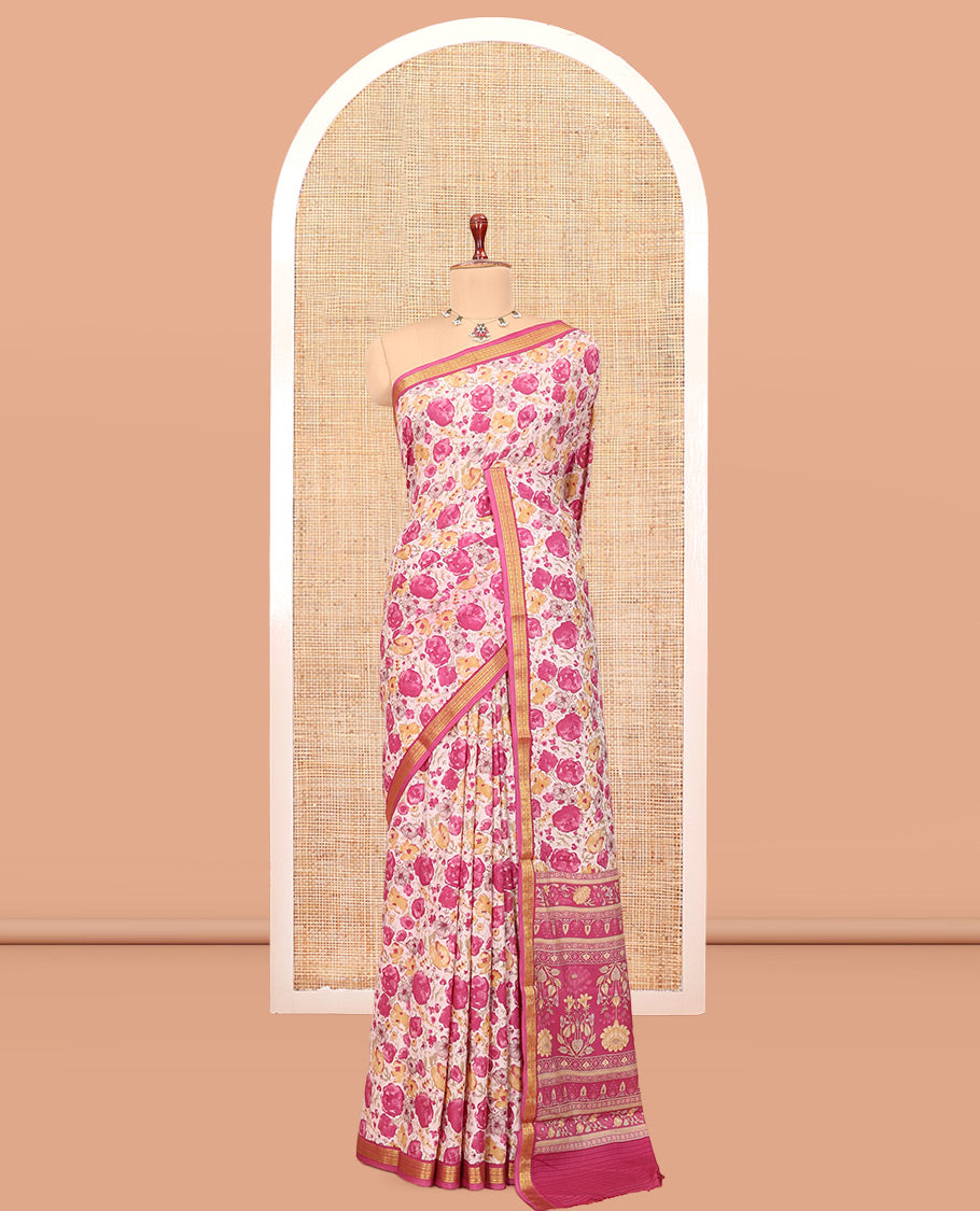 Beige Printed Silk Saree, Beautified with Floral Vine Print, a Contrast Zari Border, Floral Print Pallu, and a Matching Blouse