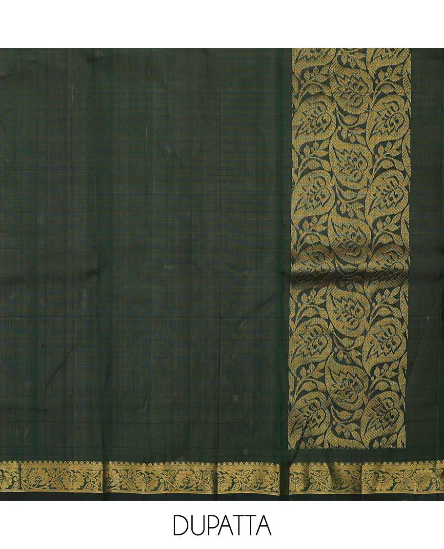 Red pure silk half-saree, chakram enclosed zari checked skirt, contrast border of muthu, poun, arumbu manga and mayil kann, and contrast zari design blouse, and leaf jaal dhavani