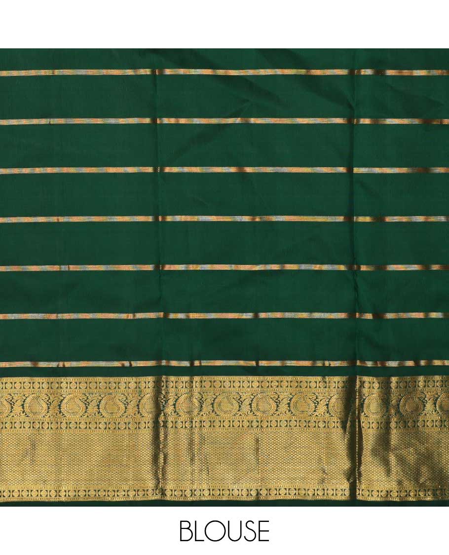 Red pure silk half-saree, chakram enclosed zari checked skirt, contrast border of muthu, poun, arumbu manga and mayil kann, and contrast zari design blouse, and leaf jaal dhavani