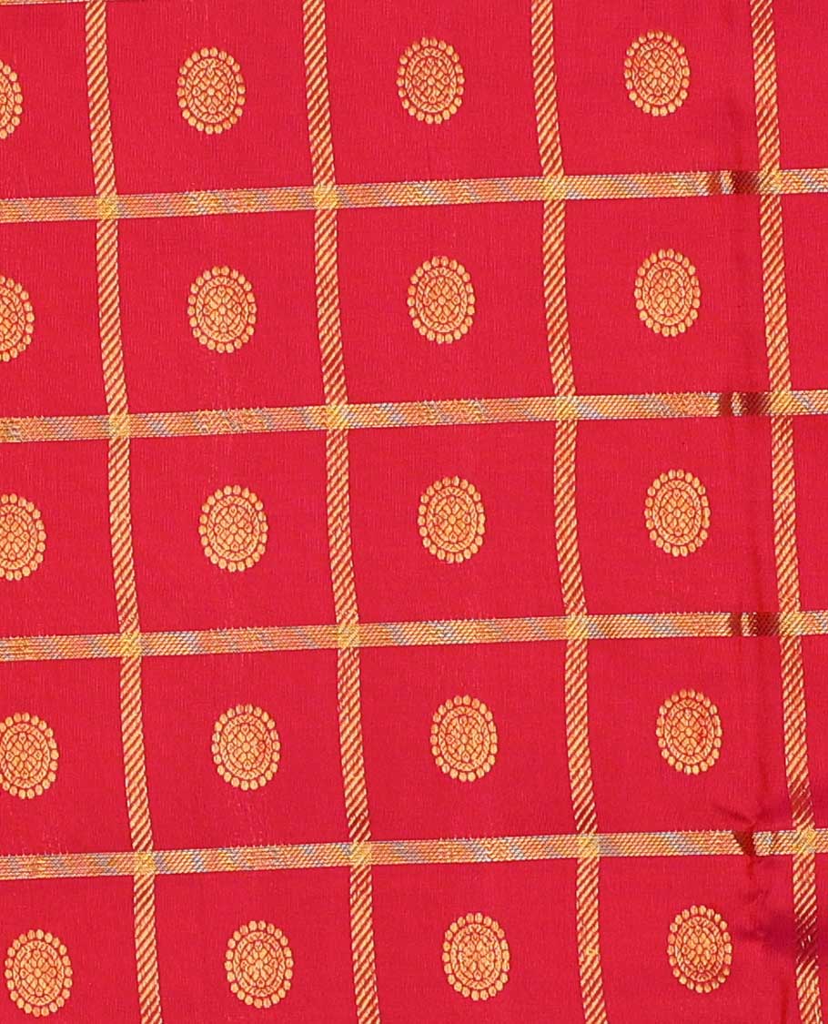 Red pure silk half-saree, chakram enclosed zari checked skirt, contrast border of muthu, poun, arumbu manga and mayil kann, and contrast zari design blouse, and leaf jaal dhavani