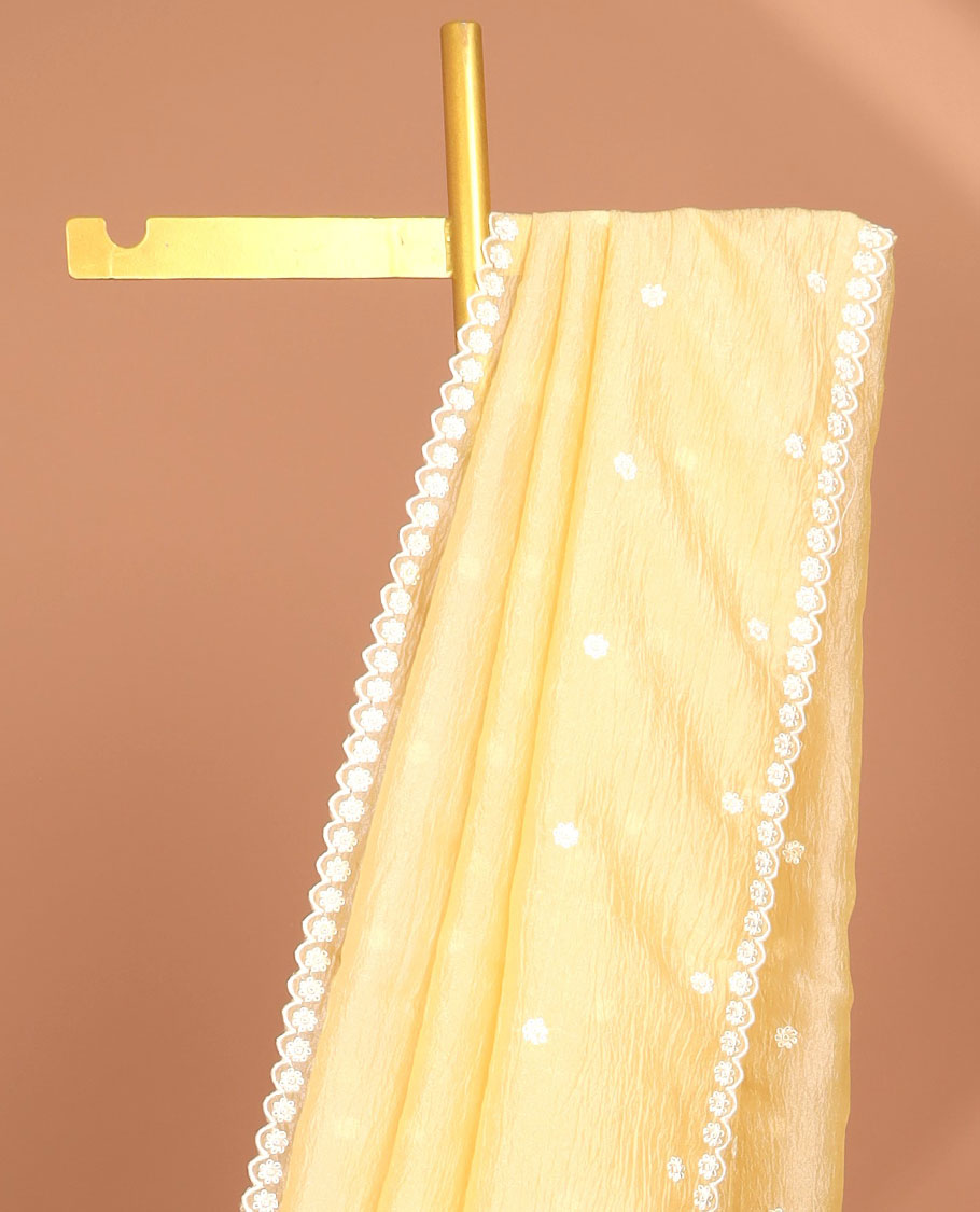 Light yellow floral thread embroidery tissue saree with floral scallop thread embroidery border