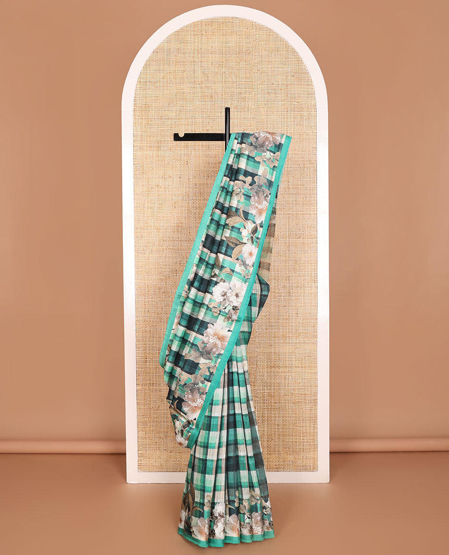 Multi-color checked tussar raw silk weaving saree with floral digital printed border