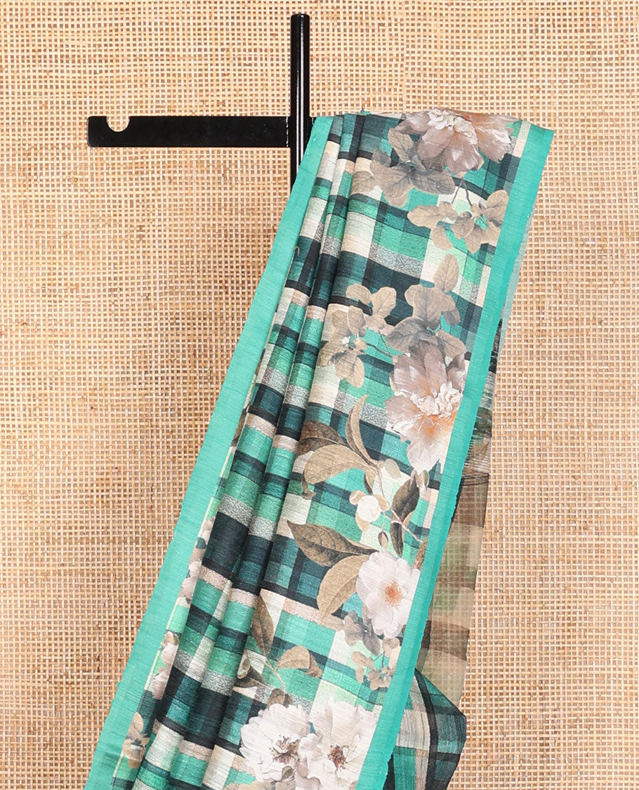 Multi-color checked tussar raw silk weaving saree with floral digital printed border