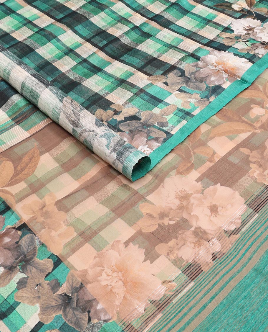 Multi-color checked tussar raw silk weaving saree with floral digital printed border
