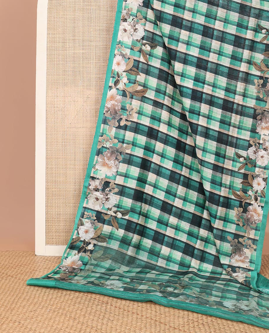 Multi-color checked tussar raw silk weaving saree with floral digital printed border