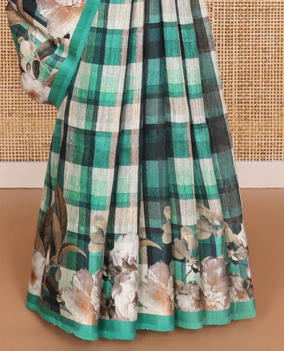 Multi-color checked tussar raw silk weaving saree with floral digital printed border