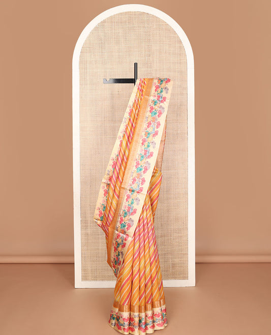 Yellow lehariya-style stripes printed tussar saree with zari buttas, contrast traditional zari border of pichwai multi-color floral & cow motifs print & zari striped pallu