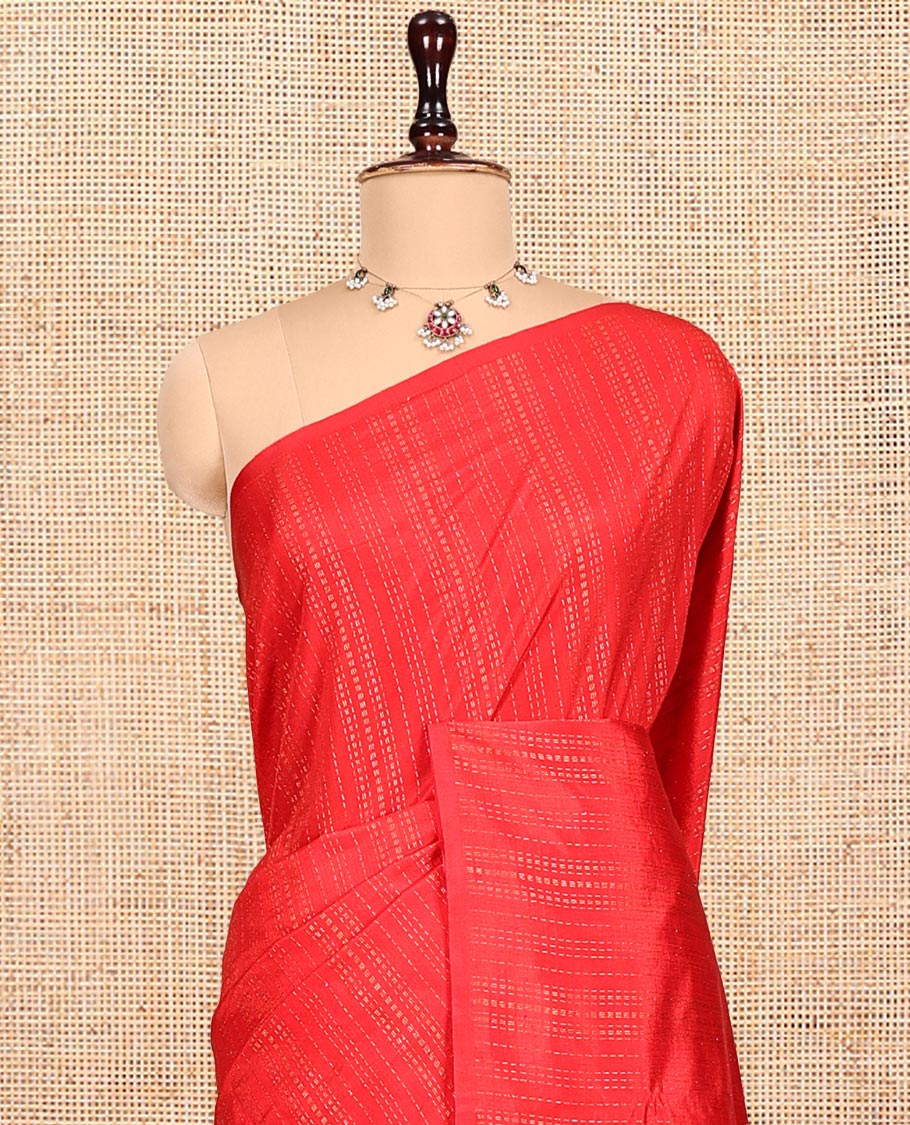 Borderless Red Matka Silk Saree, Steeped with Zari Stripes All Over Its Body, Complemented by a Contrast Pallu of Geometric Zari Designs, and Paired with Contrast Blouse