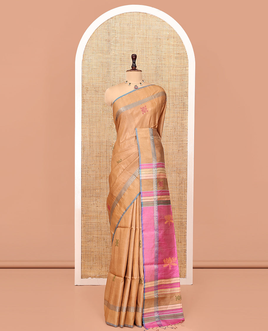 Sandal Tussar Silk Saree, Crafted with Thread Motifs, Temple Border, Contrast Lotus Pallu, and Contrast Blouse