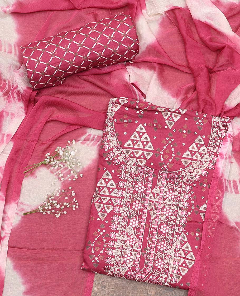 Pink material chudidar set, geometric with neck embroidered top, jaal printed bottom, and shibori dyed dupatta