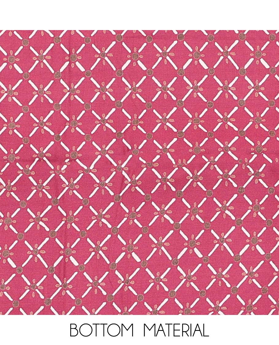 Pink material chudidar set, geometric with neck embroidered top, jaal printed bottom, and shibori dyed dupatta