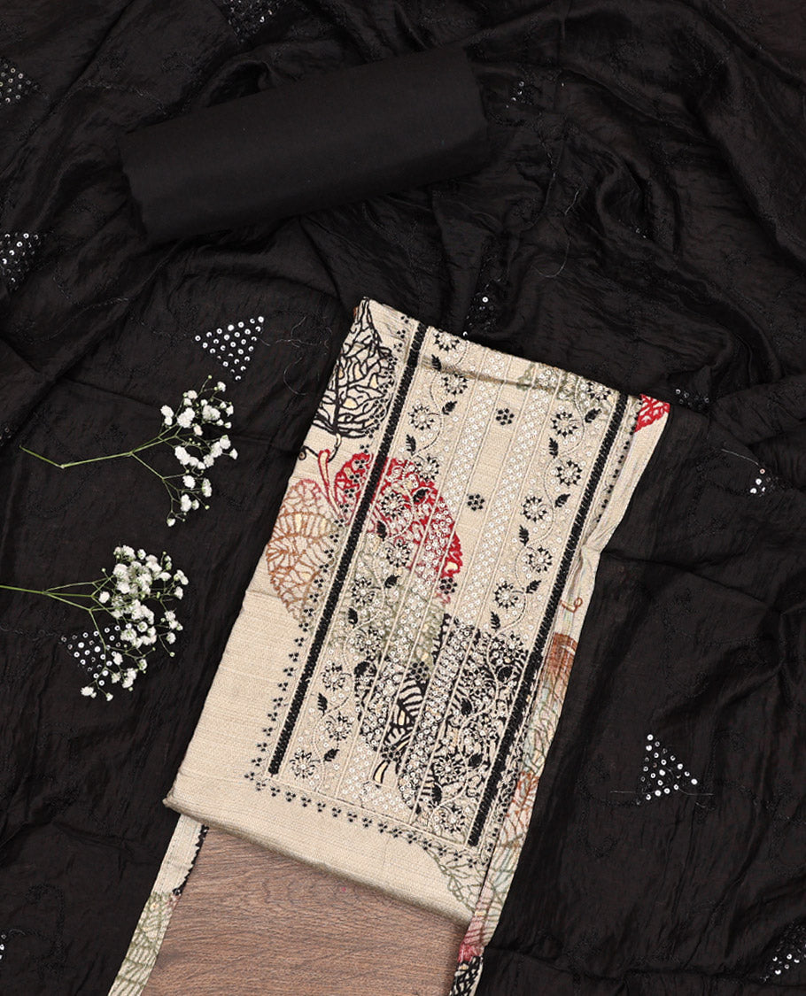 Sandal-Base Material Chudidar Set, Accentuated with Leaf Motifs Print and Neck Embroidery on Rayon Top, a Contrast Plain Rayon Bottom, and Paired with Contrast Sequins Embroidered Chanderi Silk Dupatta