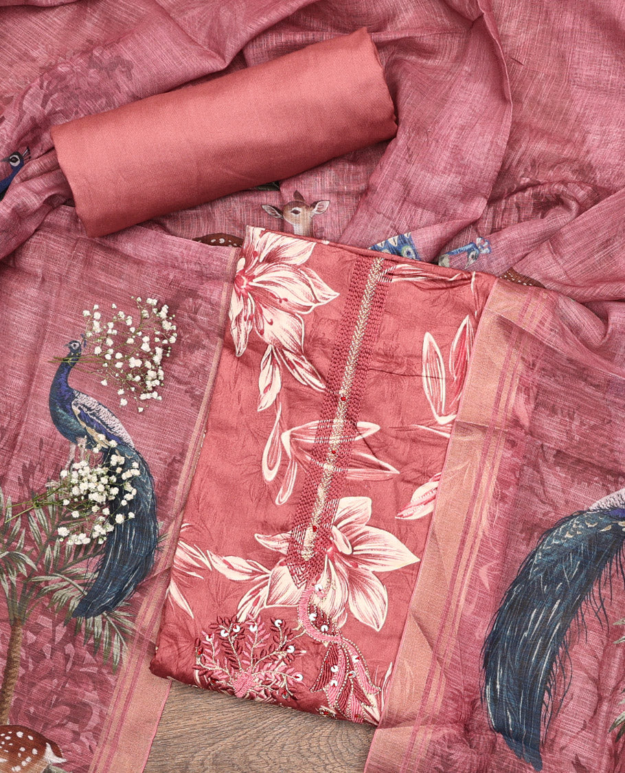 Pink Material Chudidar Set, Accentuated with Floral Print, and Embroidery on Its Muslin Top, a Plain Cotton Bottom, and Paired with a Peacock Printed Lilan Cotton Dupatta