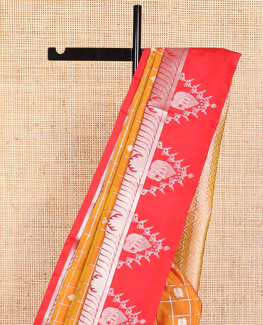 Orange checked, motifs venkatagiri silk saree with contrast intricate zari design border & argyle design pallu
