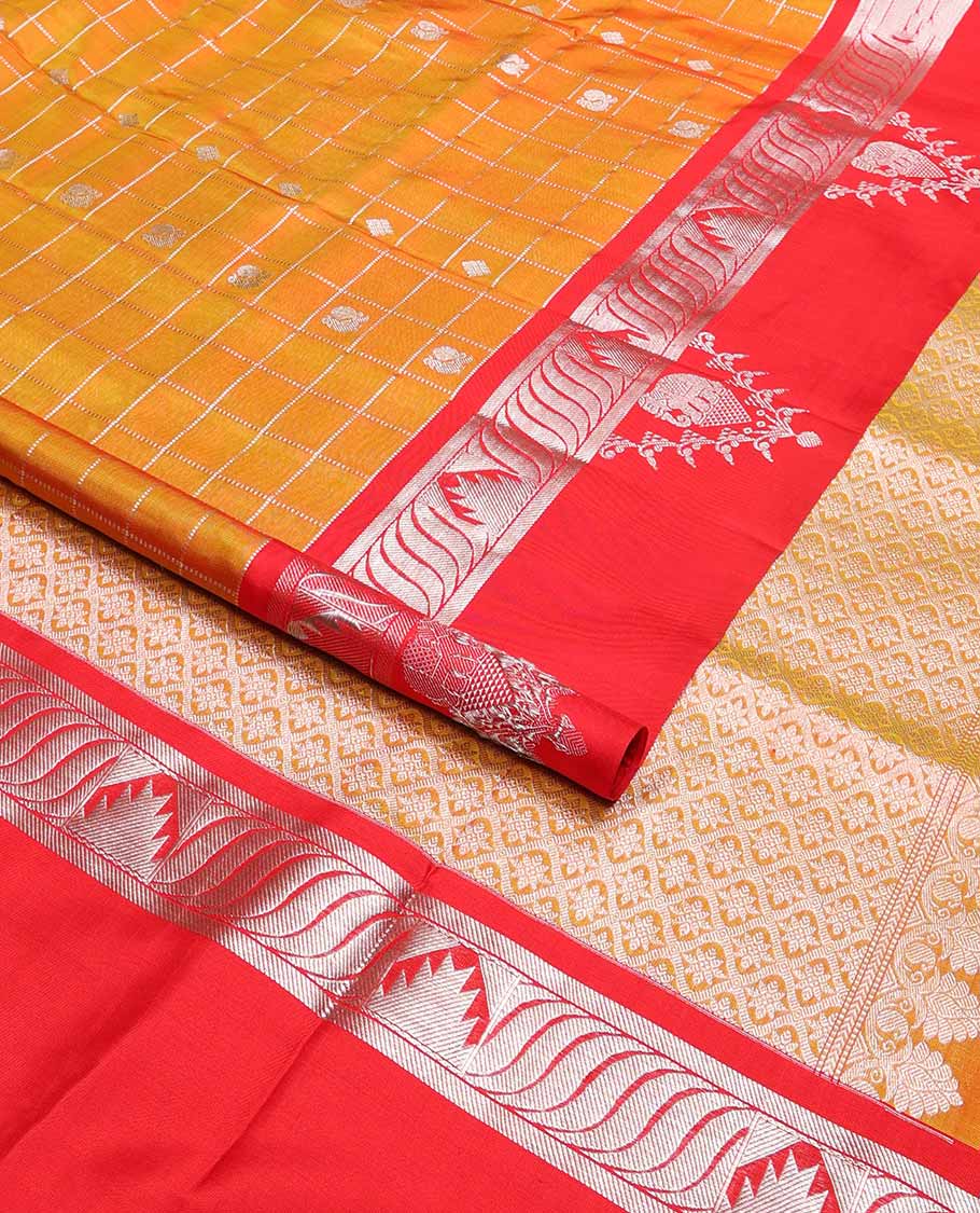 Orange checked, motifs venkatagiri silk saree with contrast intricate zari design border & argyle design pallu