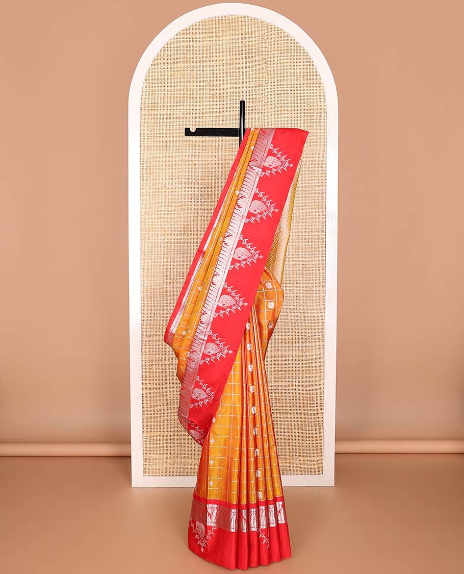 Orange checked, motifs venkatagiri silk saree with contrast intricate zari design border & argyle design pallu