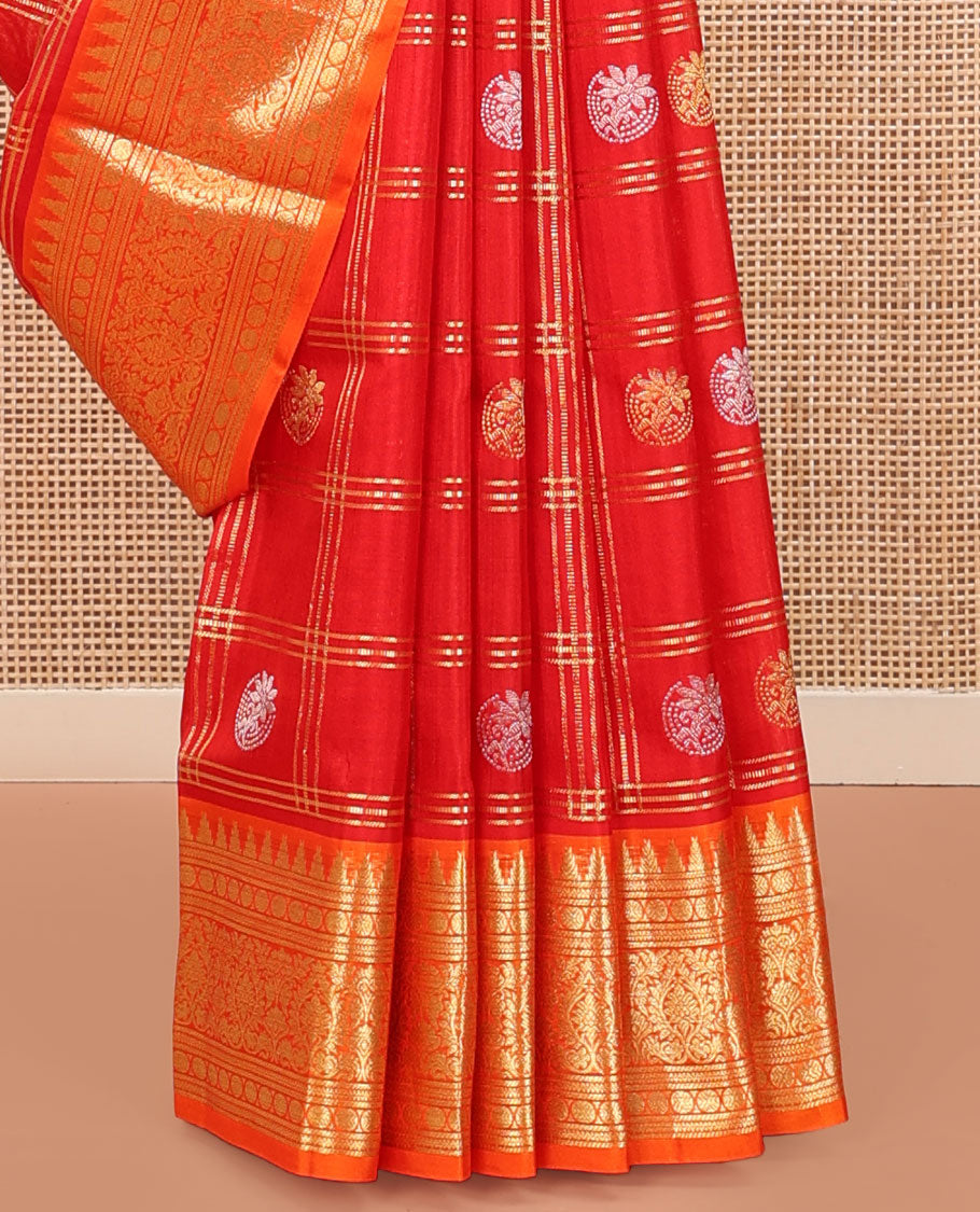Red Venkatagiri Silk Saree, Enriched with Zari Butta Enclosed Checks All Over Its Body, Complemented by a Contrast Temple Border of Traditional Designs, Grand Pallu of Jaal Designs, and Paired with a Contrast Blouse