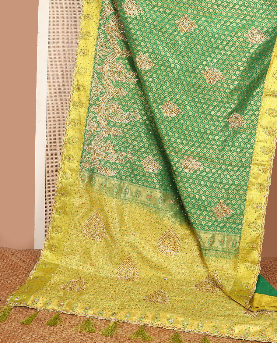 Green jacquard stone embroidered silk saree, contrast scallop cut embroidered zari border & ogee patterned & embroidered pallu