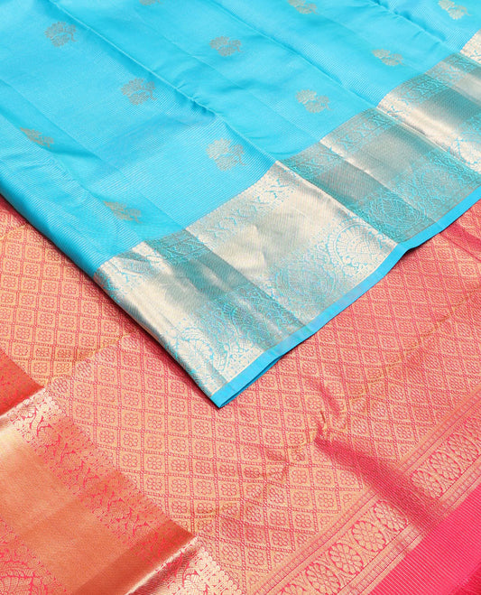 Blue zari buttas & striped Vasundhara silk mix saree, zari border of thilakam, rudraksham, cross kamalam & manga & contrast jaal pallu