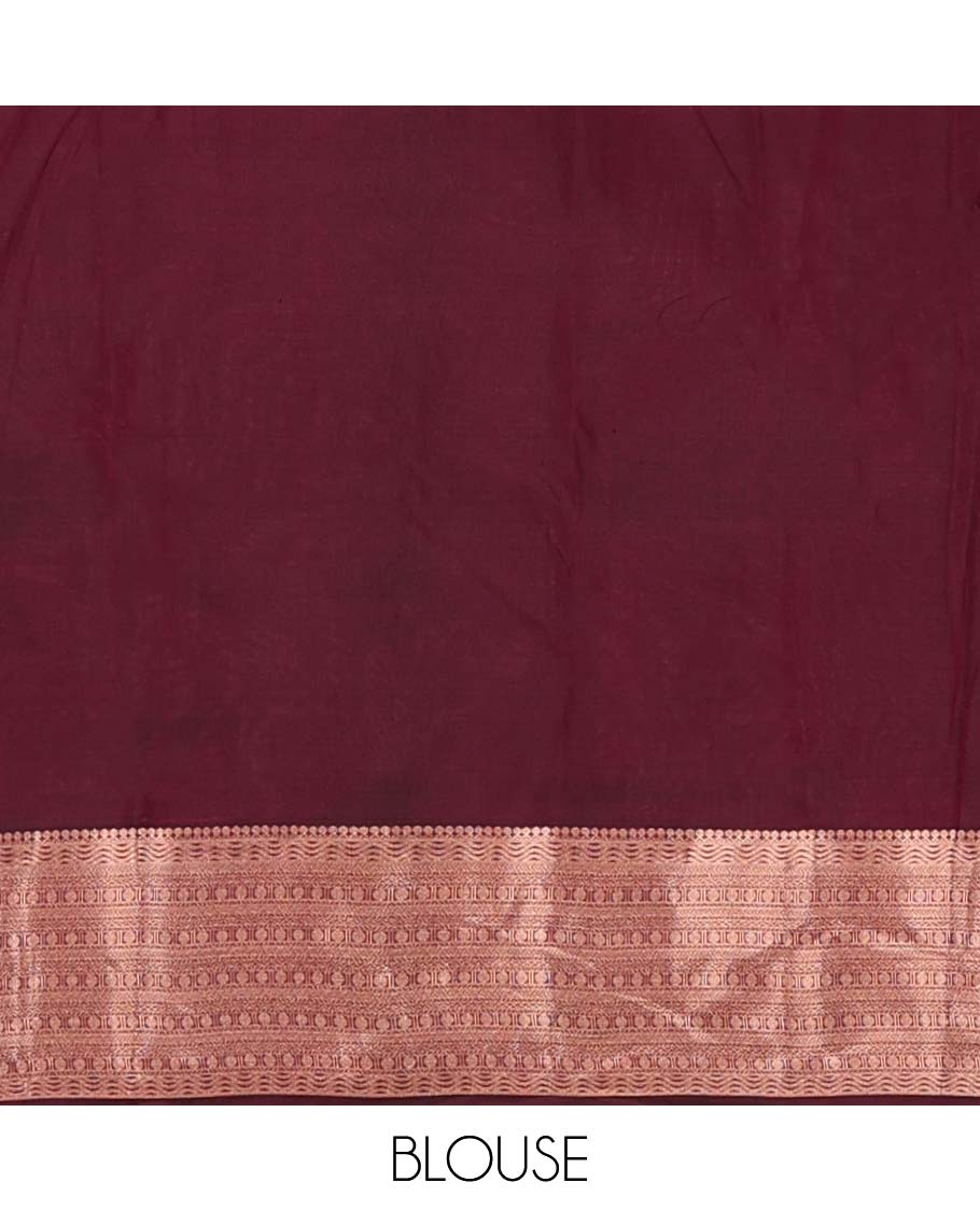 Maroon zari buttas Vasundhara silk mix saree, zari border of thilakam mokku, kathir, and rudraksham designs, and jaal pallu