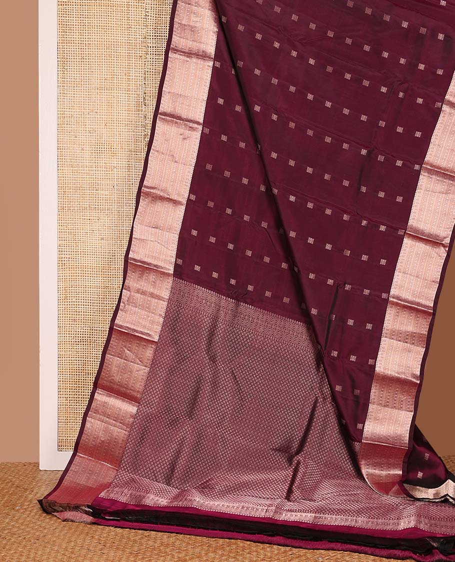 Maroon zari buttas Vasundhara silk mix saree, zari border of thilakam mokku, kathir, and rudraksham designs, and jaal pallu