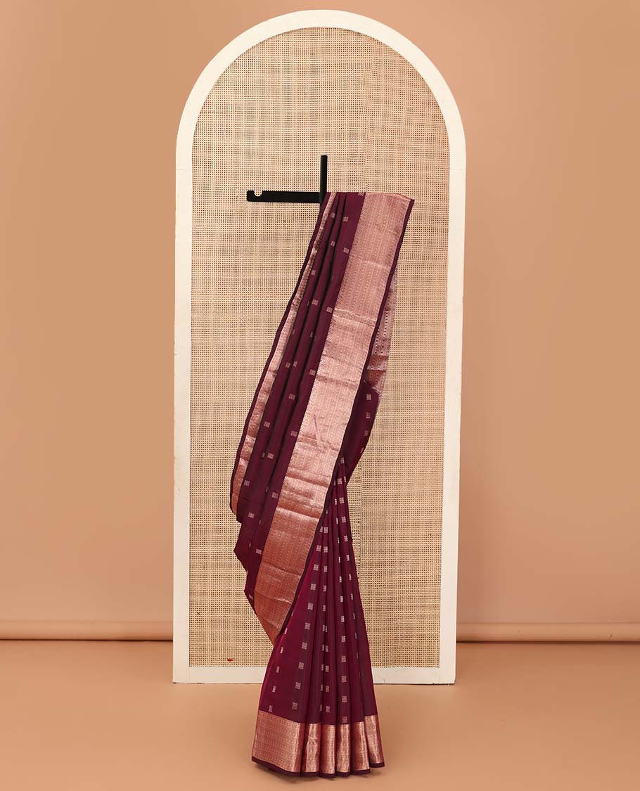 Maroon zari buttas Vasundhara silk mix saree, zari border of thilakam mokku, kathir, and rudraksham designs, and jaal pallu