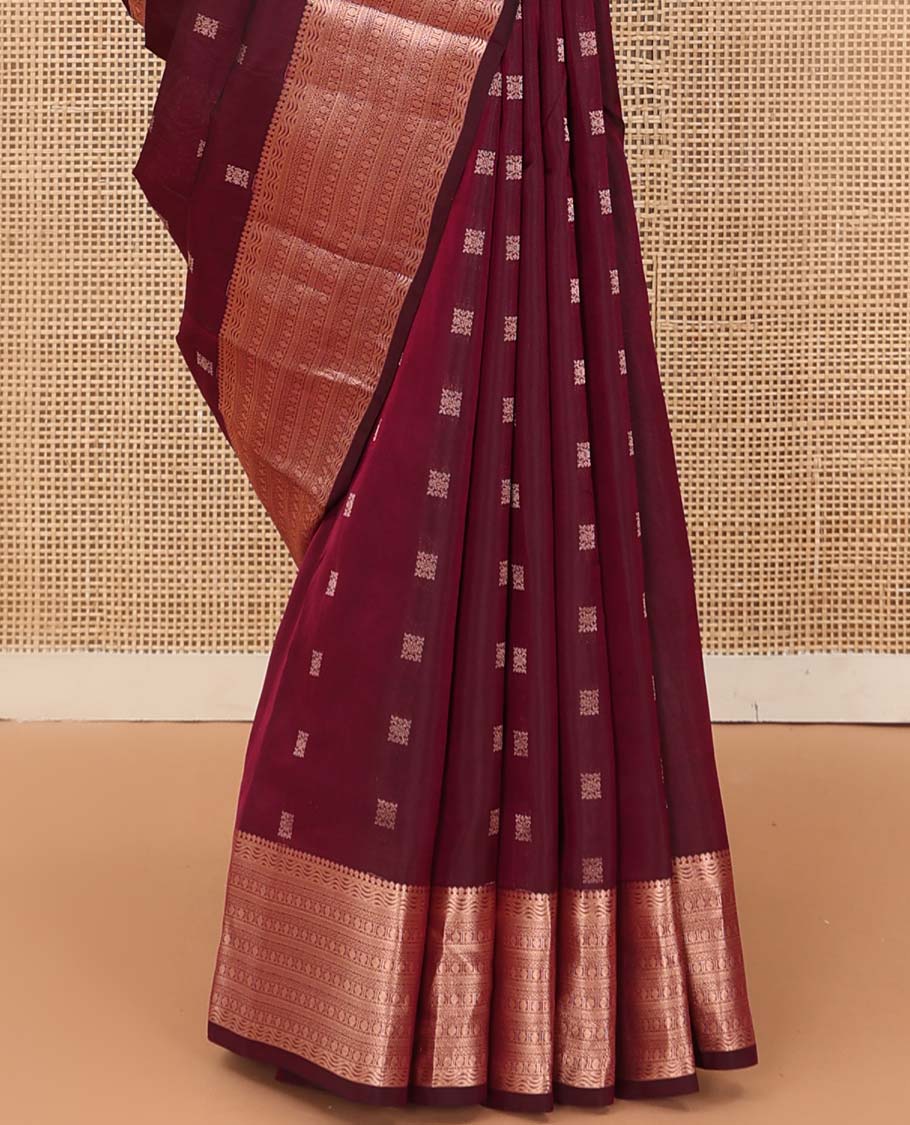 Maroon zari buttas Vasundhara silk mix saree, zari border of thilakam mokku, kathir, and rudraksham designs, and jaal pallu